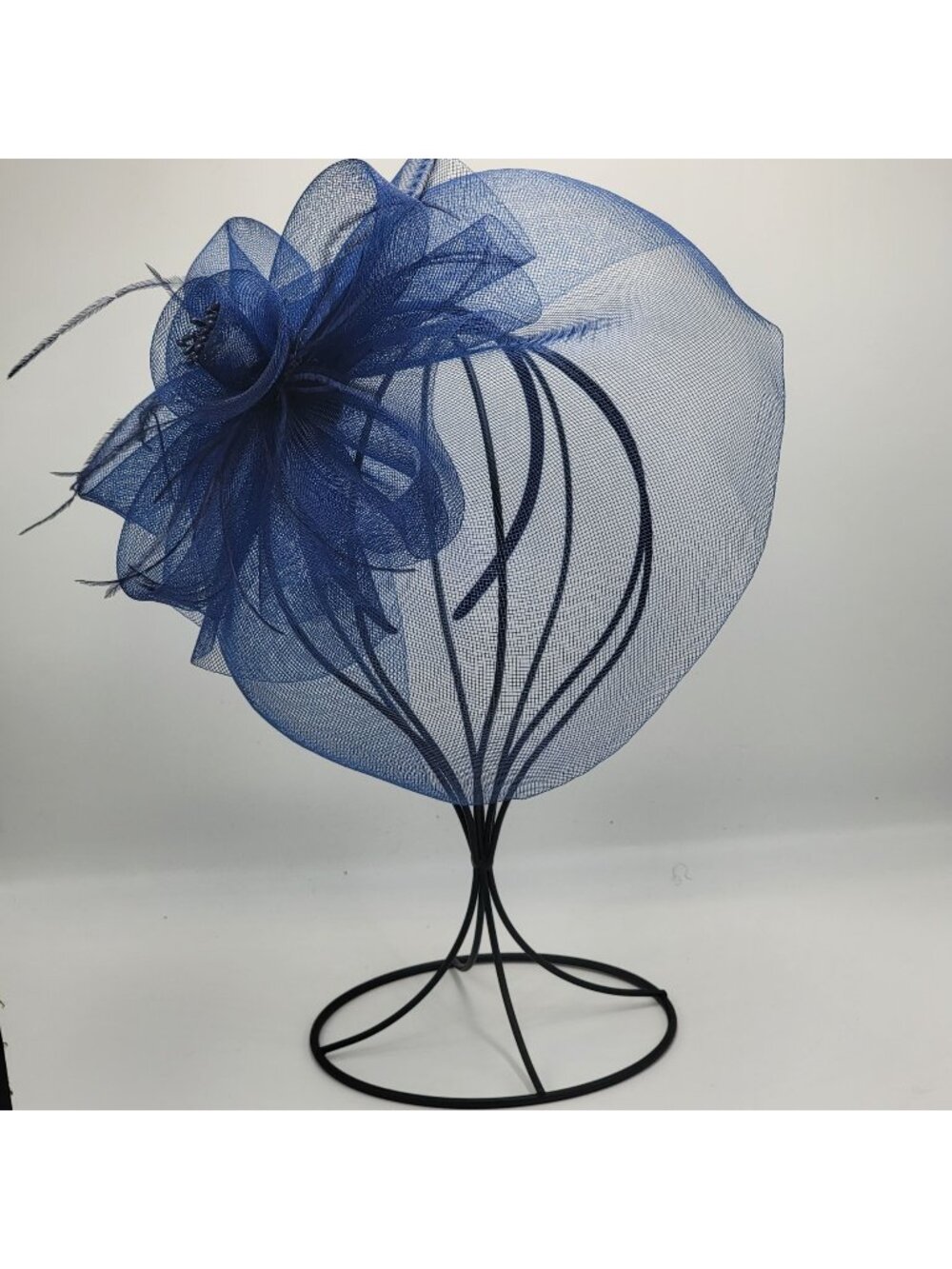 Handmade Navy Blue Sinamay Fascinator Hat With Floral Design & Bead Centerpiece